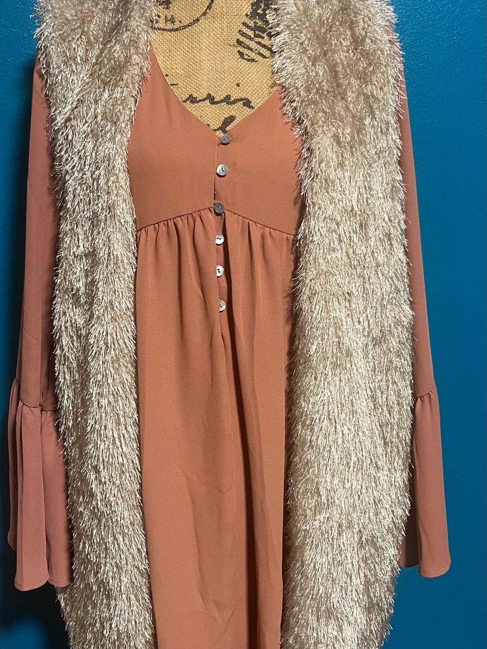 Fantastic Fawn Rust Orange V-Neck Button-Front Long Sleeve Dress W/ Lush Sweater
